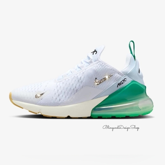 Women's Nike Air Max 270 White Green Sneakers made with Crystals Bling Custom - Picture 1 of 6